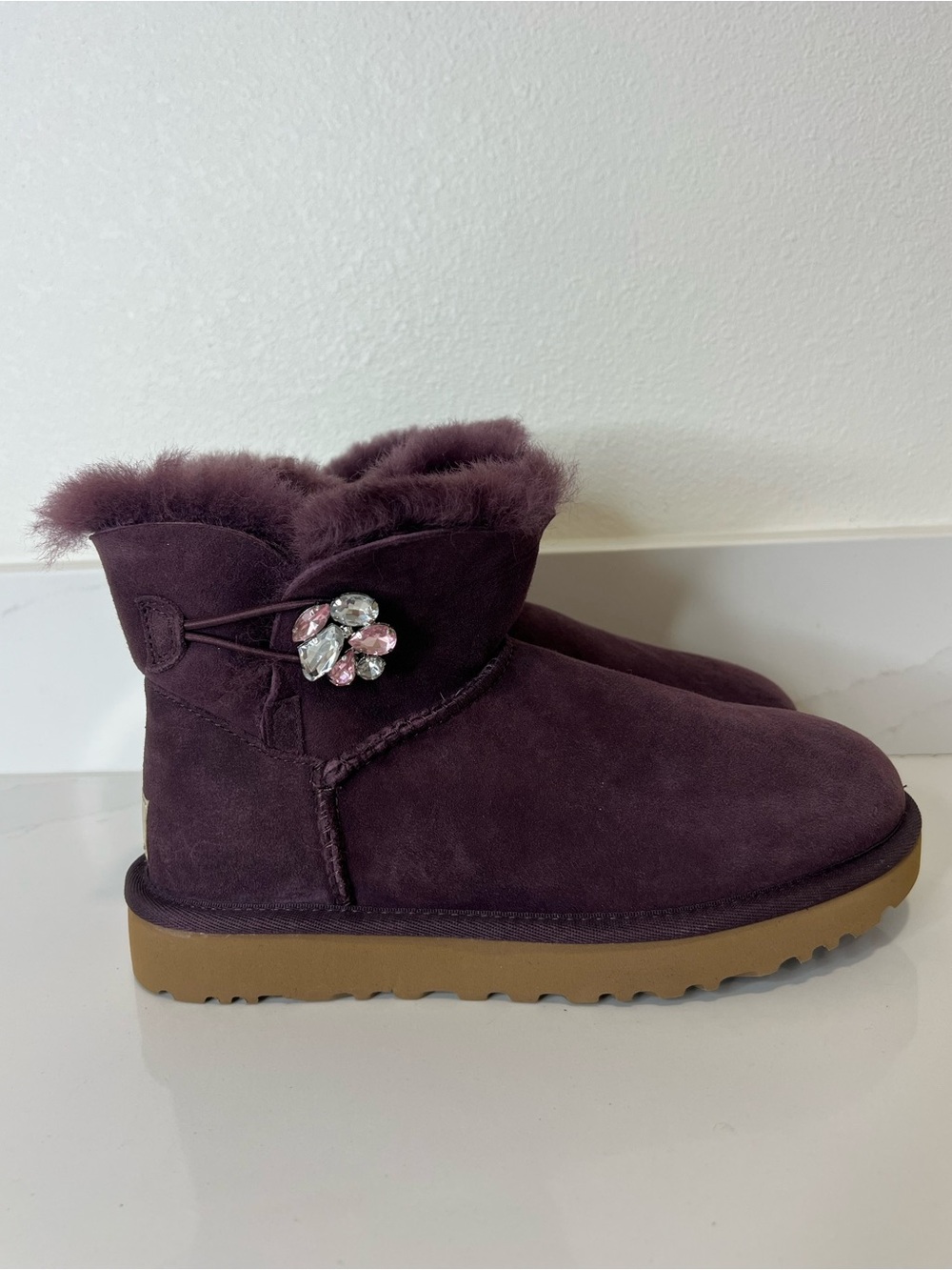 Ugh Mini Bailey Plum Suede Shearling Ankle Boots with Gem Accent size 6